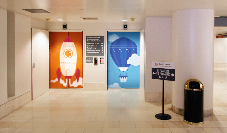 Elevator rocket and hot air ballooon for Dignity Health hospital pediatrics floor by Silky Szeto
