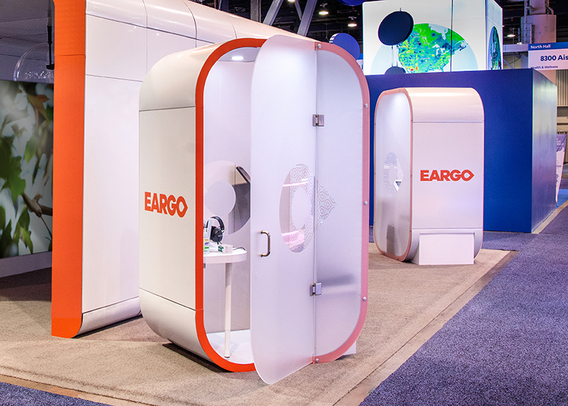 Eargo 6 CES exhibit with sound proof booths for hearing tests by Silky Szeto