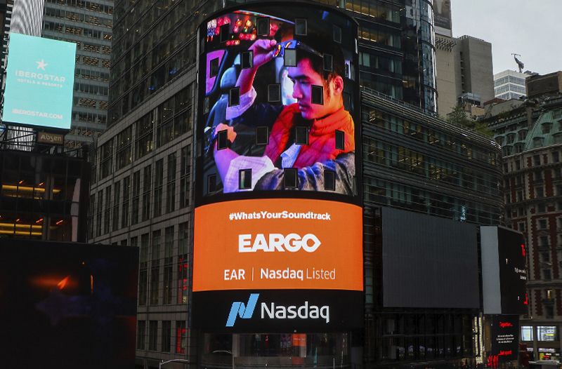 Eargo IPO Campaign Silky Szeto on NASDAQ tower