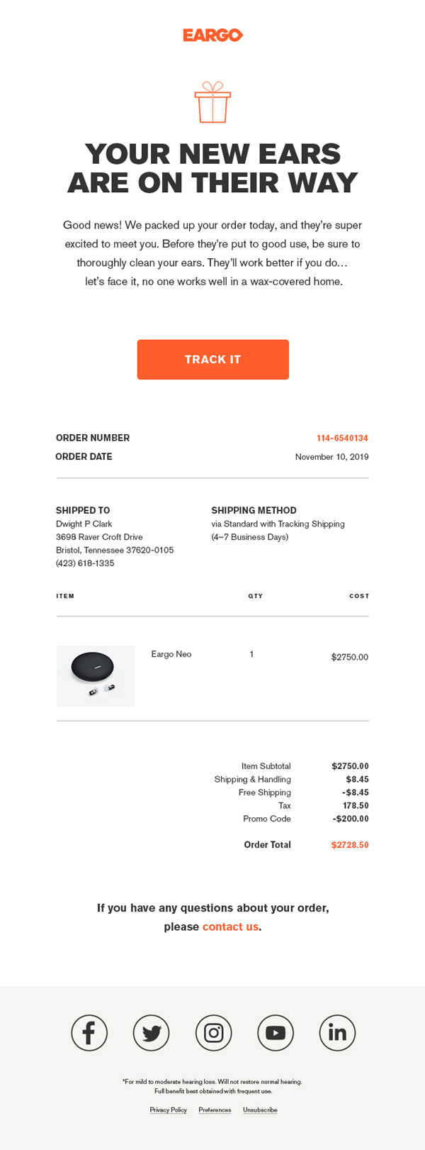 Eargo email order confirmation design by Silky Szeto