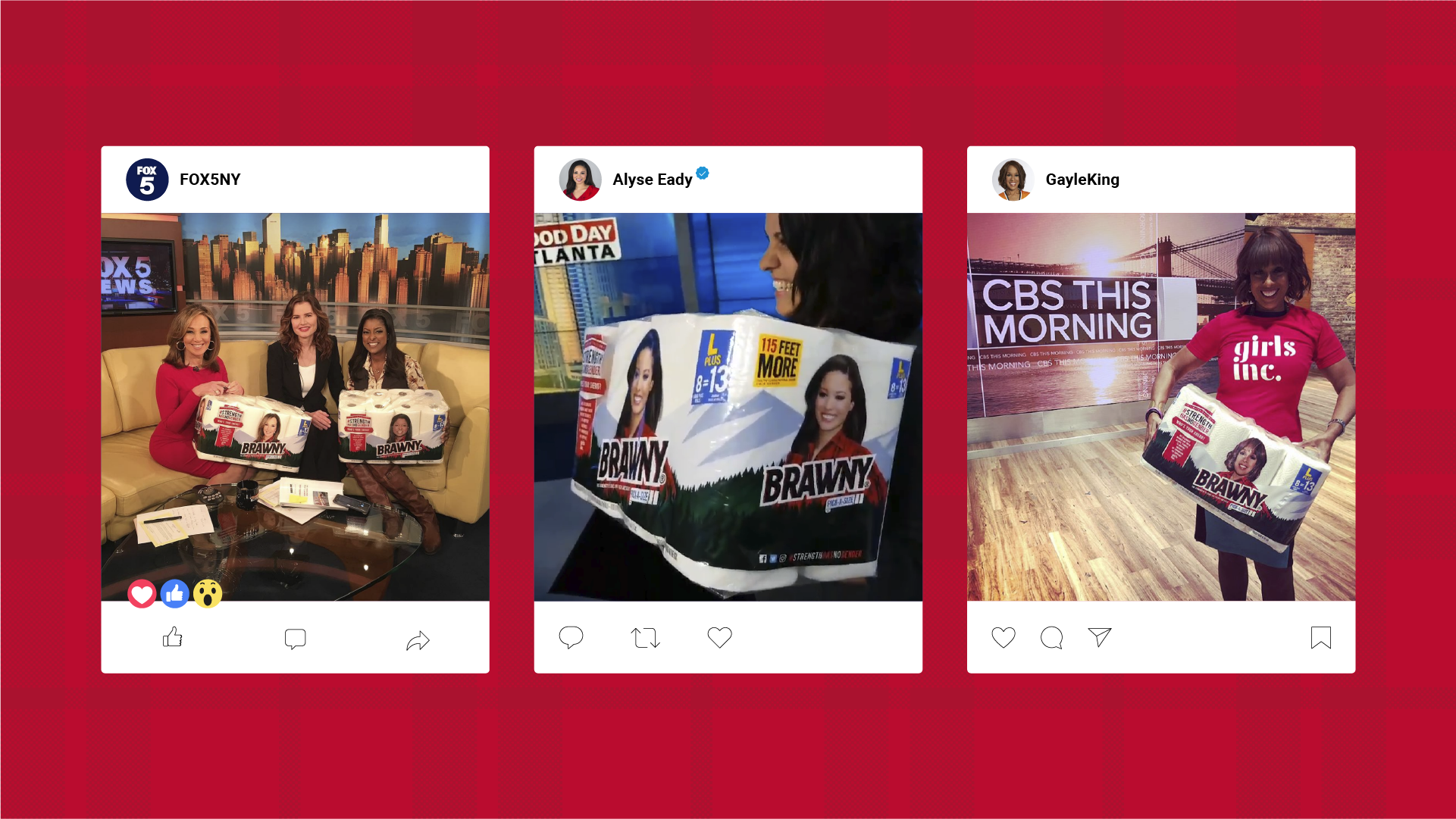 News anchors’ social posts with custom‑printed Brawny Shero packages