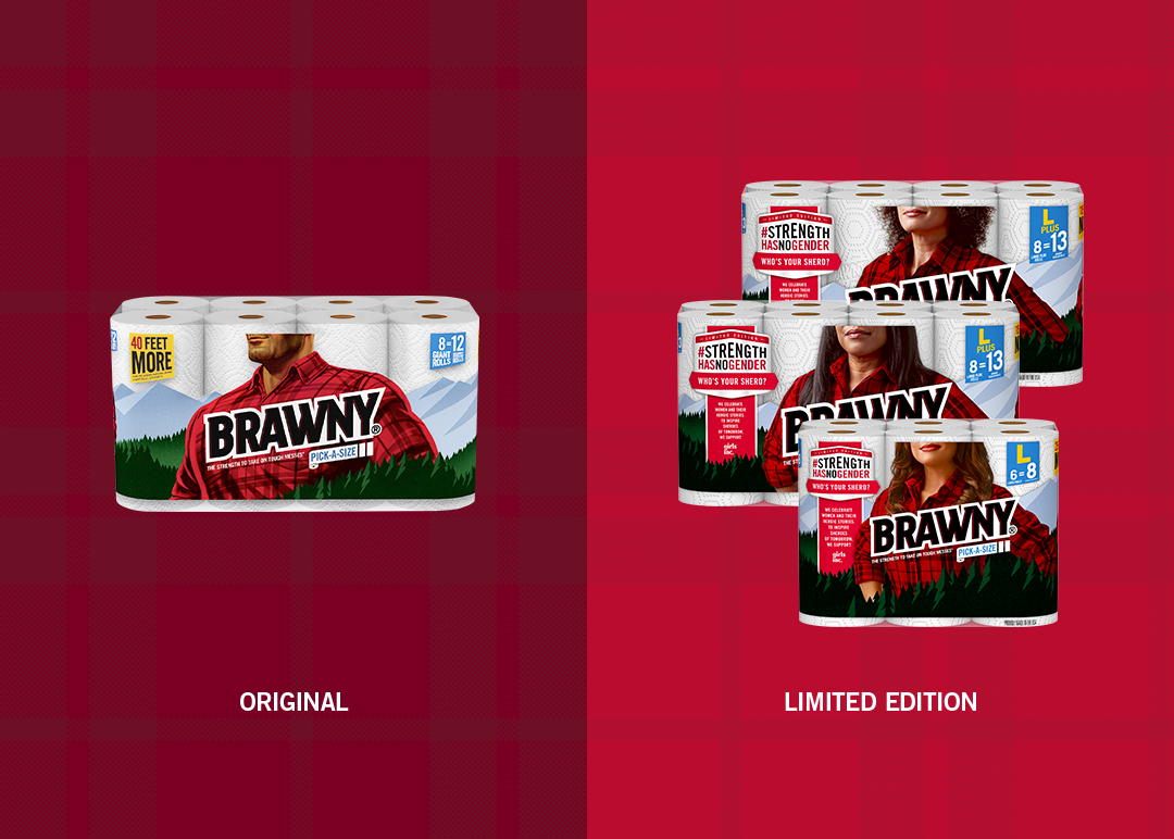 Brawny limited‑edition #StrengthHasNoGender packaging featuring three sheroes