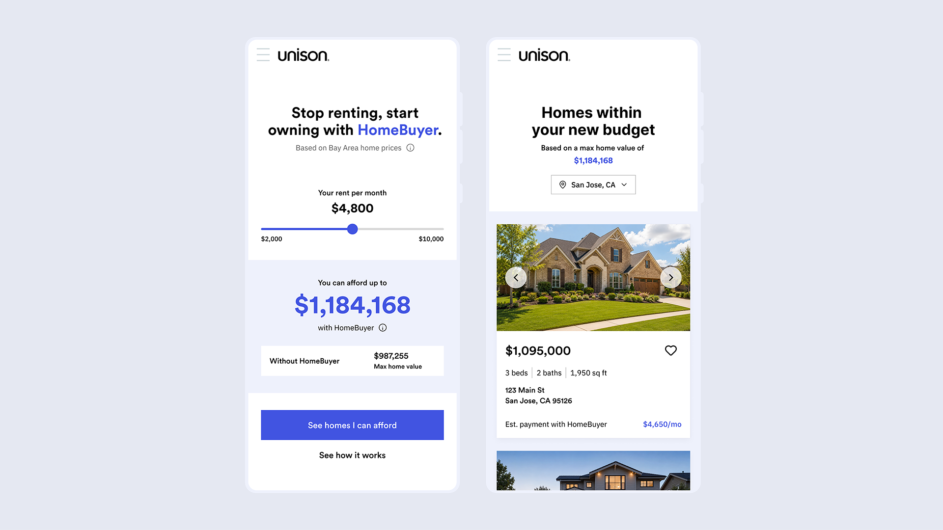 Unison HomeBuyer mobile experience showing budget calculator and personalized home search screens
